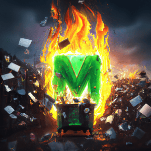 Illustration of a dumpster on fire with a green letter M inside it.